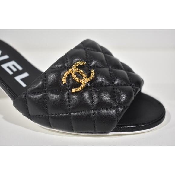 Chanel REV Black Lambskin Quilted CC Gold Logo Cone Heel Mule Slide Sandal 37 - Picture 4 of 11